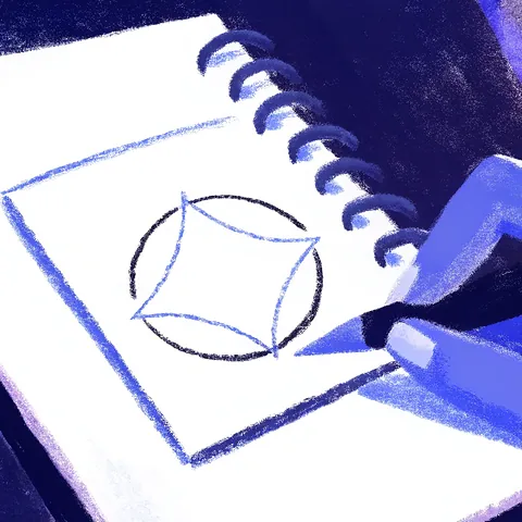 An illustration of a logo being sketched in a notebook